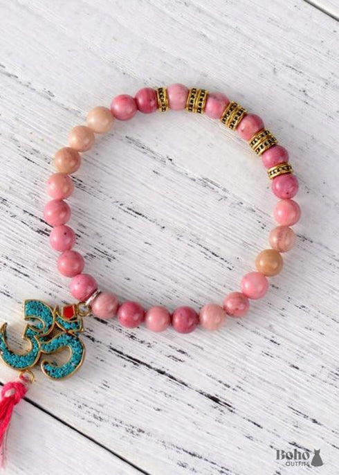 Boho Bracelet, Stretch Yoga Mala Bracelet, Natural Stone Tibetan OM 6 Colors
